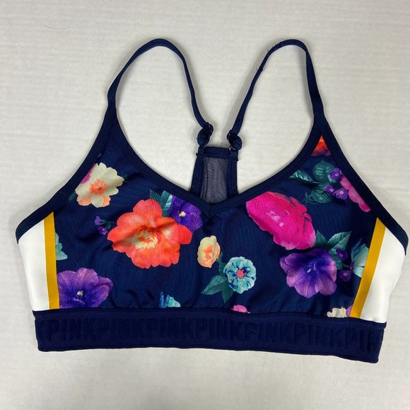 PINK Victoria's Secret Other - PINK Victoria's Secret Navy Floral Racerback Sports Bra with Yellow Accents